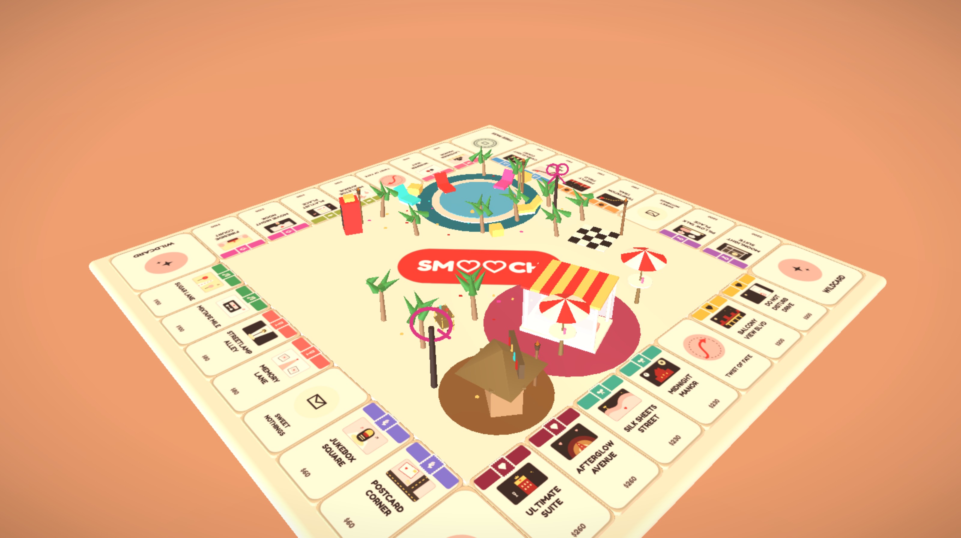 The SMOOCH 3D game board: a couples date-night board game with destination tiles like Jukebox Square, Streetlamp Alley, and Postcard Corner around a poolside cabana with tiki torches and string lights