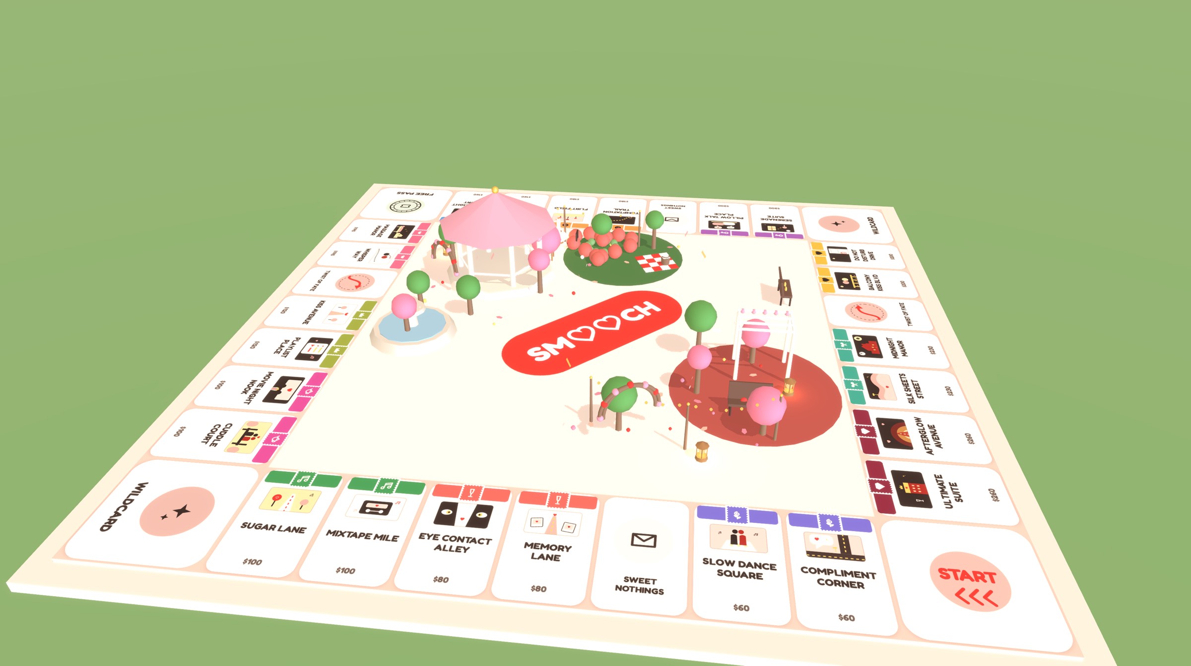 The SMOOCH 3D game board: a couples date-night board game with destination tiles like Slow Dance Square, Eye Contact Alley, and Compliment Corner around a garden gazebo